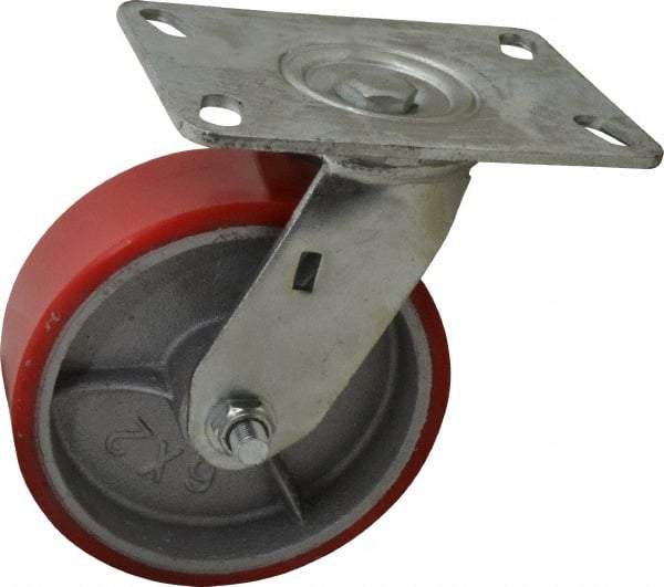 Fairbanks - 6" Diam x 2" Wide x 7-1/2" OAH Top Plate Mount Swivel Caster - Polyurethane, 1,000 Lb Capacity, Roller Bearing, 4-1/2 x 6-1/4" Plate - A1 Tooling