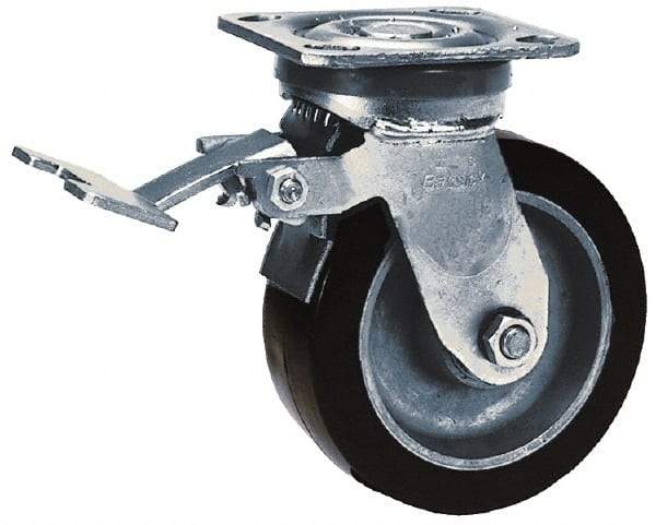 Albion - 8" Diam x 2" Wide x 9-1/2" OAH Top Plate Mount Swivel Caster with Brake - Phenolic, 900 Lb Capacity, Roller Bearing, 4 x 4-1/2" Plate - A1 Tooling