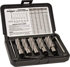 Hougen - 8 Piece, 5/8 to 1-1/8" Cutter Diam, 2" Cutting Depth, High Speed Steel Annular Cutter Set - Bright Finish, 3/4" Shank Diam, 5/8, 3/4, 7/8, 1, 1-1/8" Cutter Diams, 2 Flats on Shank - A1 Tooling