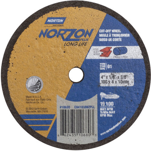 4″ × 1/8″ × 3/8″ NorZon Plus Small Diameter Cut-Off Wheel Type 01 Straight Aluminum Oxide - A1 Tooling