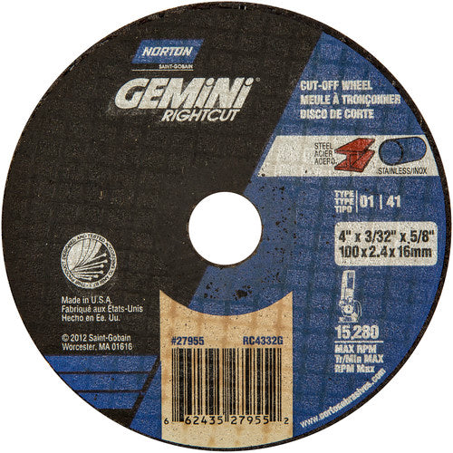 4″ × 0.090″ × 5/8″ Gemini Right Angle Cut-Off Wheel Type 01 Straight 46 Grit - A1 Tooling