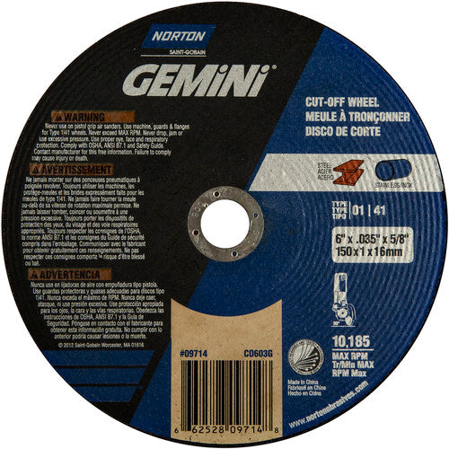 150 mm × 1 mm × 5/8″ Gemini Circular Saw Cut-Off Wheel U57A 60 O Type 01/41 - A1 Tooling