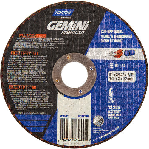 5″ × 0.090″ × 7/8″ Gemini Right Angle Cut-Off Wheel Type 01 Straight Aluminum Oxide - A1 Tooling