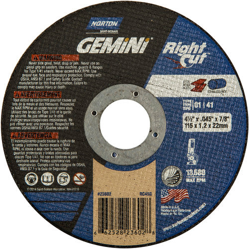 ‎4-1/2 x .045 × 7/8″ Gemini RightCut Right Angle Cut-Off Wheel A 36 Q Type 01/41 - A1 Tooling