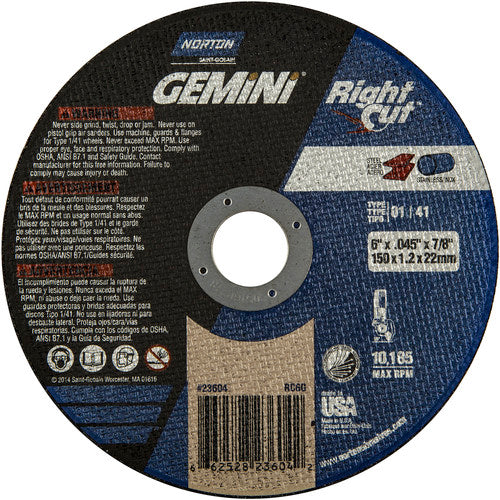 6 x .045 × 7/8″ Gemini RightCut Right Angle Cut-Off Wheel A 36 Q B Type 01/41 - A1 Tooling