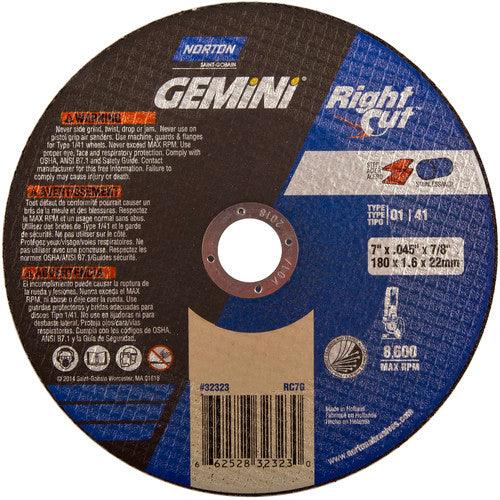 7″ × 0.060″ × 7/8″ Gemini Right Angle Cut-Off Wheel Type 01 Straight Aluminum Oxide - A1 Tooling