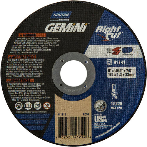 5″ × 0.045″ × 7/8″ Gemini Right Angle Cut-Off Wheel Type 01 Straight Aluminum Oxide - A1 Tooling