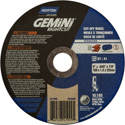 6″ × 0.045″ × 7/8″ Right Angle Cut-Off Wheel Gemini RightCut SS 36 Grit - A1 Tooling