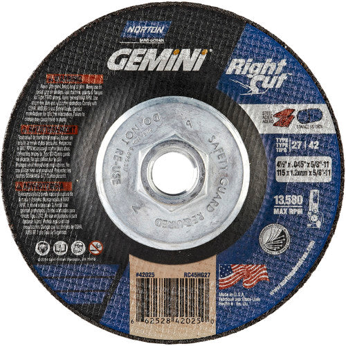 ‎4-1/2 x .045 × 5/8 - 11″ Gemini RightCut Cutting Wheel A 24 T BDA3 Type 27/42 - A1 Tooling