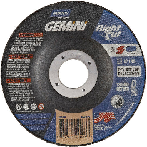 ‎4-1/2 x .045 × 7/8″ Gemini RightCut Cutting Wheel A 24 R B Type 27/42 - A1 Tooling