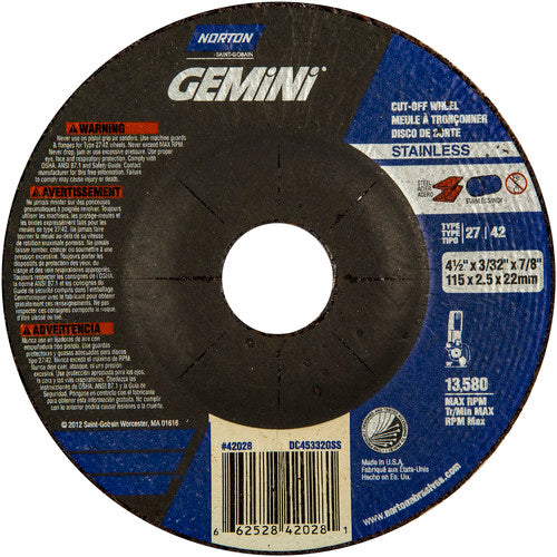 ‎4-1/2 × 3/32 × 7/8″ Gemini INOX/SS Cutting Wheel A 30 R BDA3 Type 27/42 - A1 Tooling