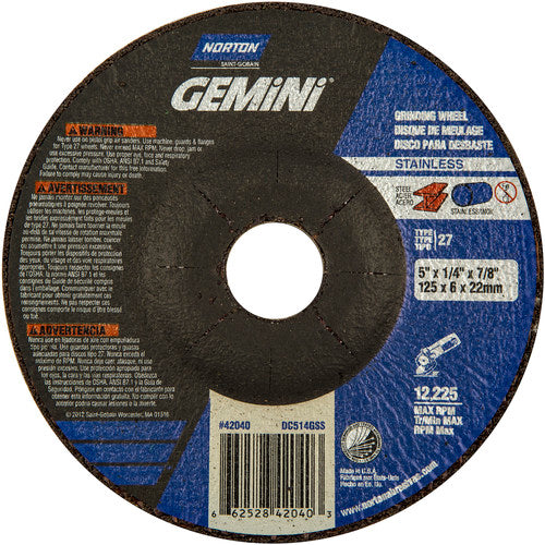 5 × 1/4 × 7/8″ Gemini INOX/SS Grinding Wheel A 24 Q BDA Type 27 - A1 Tooling