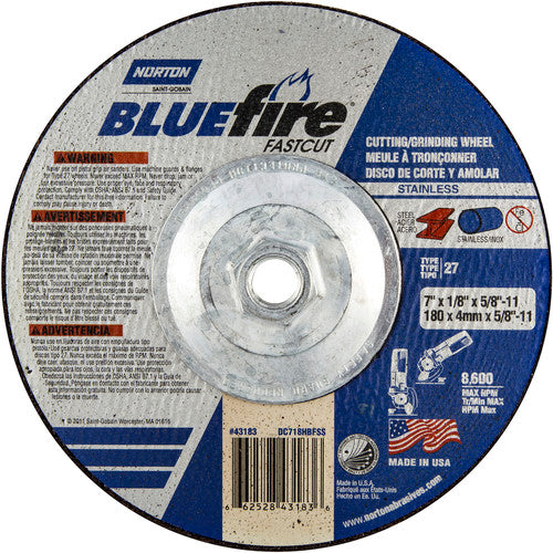 7″ × 1/8″ × 5/8″ BlueFire Non-Woven Depressed Center Wheel Type 27 Zirconia Alumina / Aluminum Oxide - A1 Tooling