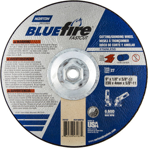 9″ × 1/8″ × 5/8″ BlueFire Non-Woven Depressed Center Wheel Type 27 Zirconia Alumina / Aluminum Oxide - A1 Tooling