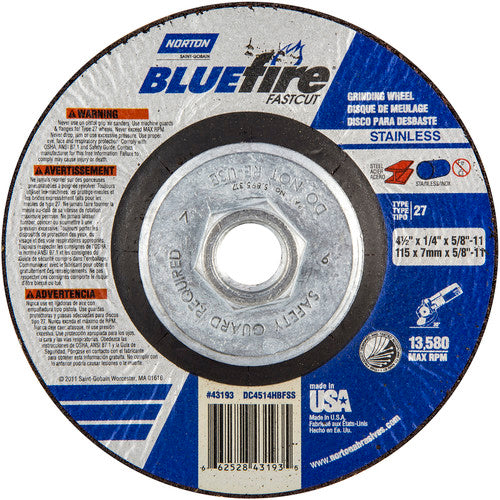 ‎4-1/2″ × 1/4″ × 5/8″ BlueFire Non-Woven Depressed Center Wheel Type 27 - A1 Tooling