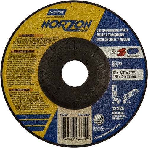 5″ × 1/8″ × 7/8″ NorZon Plus Non-Woven Depressed Center Wheel Type 27 Ceramic Alumina / Zirconia Alumina - A1 Tooling