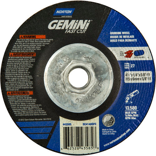 ‎4-1/2 × 1/4 × 5/8 - 11″ Gemini Fast Cut Grinding Wheel A 24 N BDA Type 27 - A1 Tooling