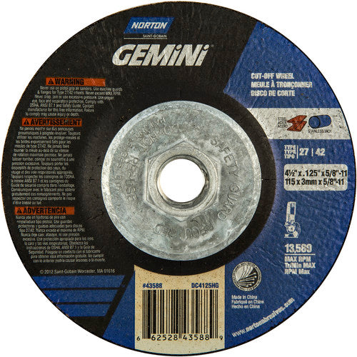 ‎4-1/2 x .125 × 5/8 - 11″ Gemini Cutting Wheel A 24 T BDA3 Type 27/42 - A1 Tooling