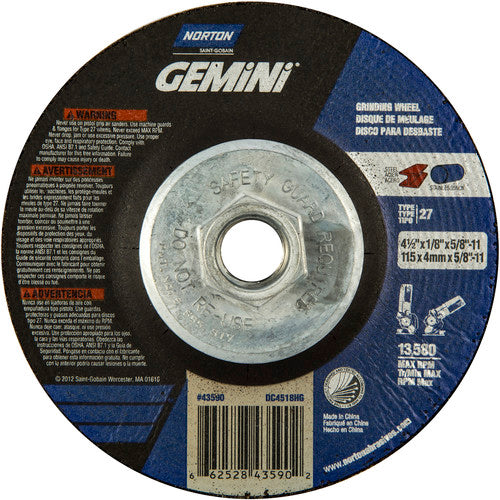 ‎4-1/2 × 1/8 × 5/8 - 11″ Gemini Long Life Grinding Wheel A 24 Q BDA Type 27 - A1 Tooling