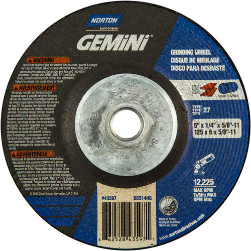 ‎5 × 1/4 × 5/8 - 11″ Gemini Grinding Wheel A 24 S BDA Type 27 - A1 Tooling