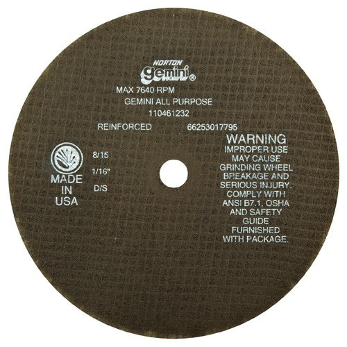 8″ × 0.060″ × 5/8″ Gemini Circular Saw Cut-Off Wheel Type 01 Straight 36 Grit Aluminum Oxide - A1 Tooling