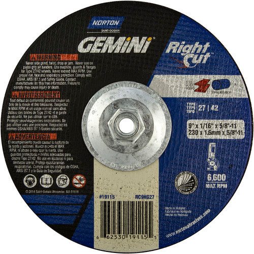 9″ × 0.060″ × 5/8″ Gemini Non-Woven Depressed Center Wheel Type 27 - A1 Tooling