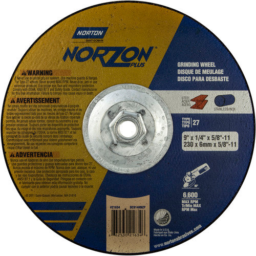 9″ × 1/4″ × 5/8″ NorZon Plus Non-Woven Depressed Center Wheel Type 27 - A1 Tooling