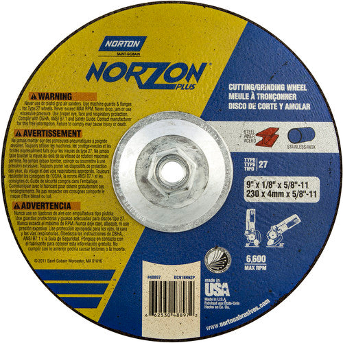 9″ × 1/8″ × 5/8″ NorZon Plus Non-Woven Depressed Center Wheel Type 27 - A1 Tooling