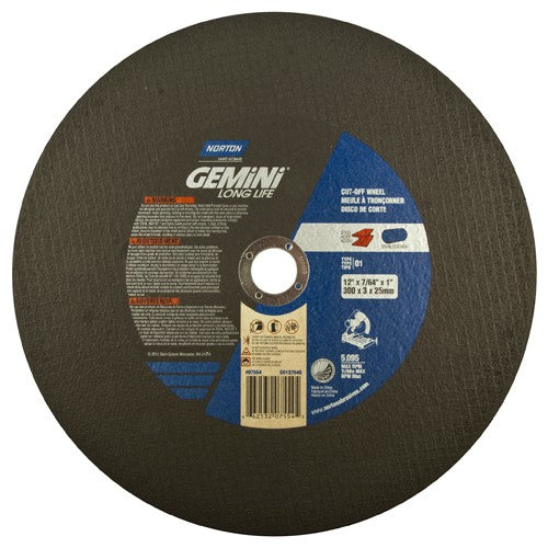 12″ × 7/64″ × 1″ Gemini Chopsaw Type 01 Straight Cut-Off Wheel Aluminum Oxide - A1 Tooling