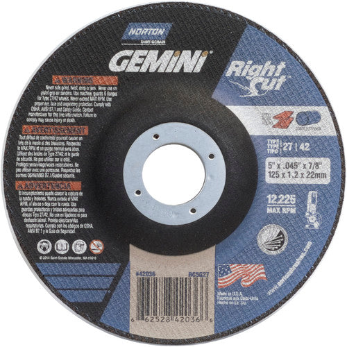 5″ × 0.045″ × 7/8″ Gemini Right Angle Cut-Off Wheel Type 27/42 Aluminum Oxide - A1 Tooling