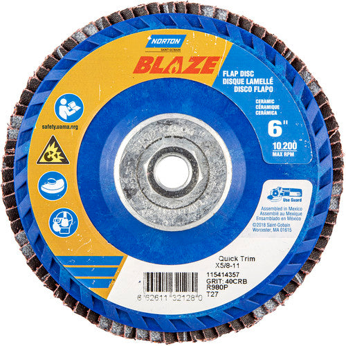 ‎6 × 5/8 - 11″ Blaze Plastic Flat Flap Disc Type 27 40 Grit R980P Premium Ceramic Alumina - A1 Tooling