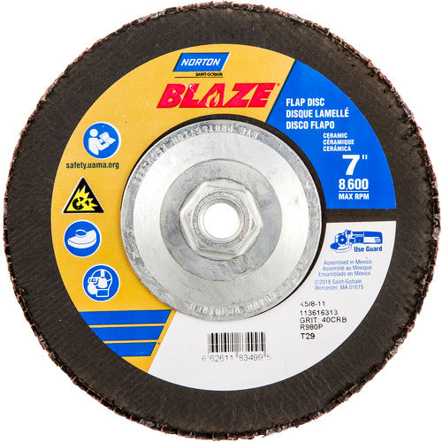 ‎7 × 5/8 - 11″ Blaze Fiberglass Conical Flap Disc Type 29 40 Grit R980P Premium Ceramic Alumina - A1 Tooling