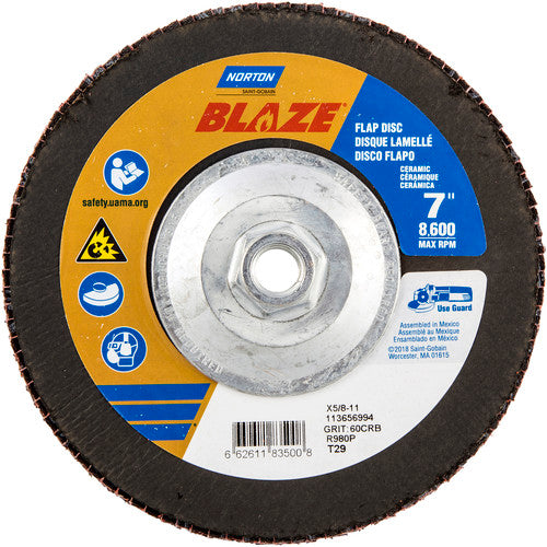 ‎7 × 5/8 - 11″ Blaze Fiberglass Conical Flap Disc Type 29 60 Grit R980P Premium Ceramic Alumina - A1 Tooling