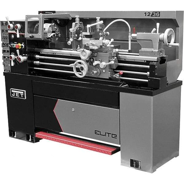 Jet - 12" Swing, 36" Between Centers, 230 Volt, Single or Triple Phase Engine Lathe - 2 hp, 1-9/16" Bore Diam, 30" Deep x 60" High x 71" Long - A1 Tooling