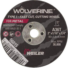 Weiler - 2" 36 Grit Aluminum Oxide Cutoff Wheel - 1/16" Thick, 1/4" Arbor, 30,000 Max RPM, Use with Die Grinders - A1 Tooling