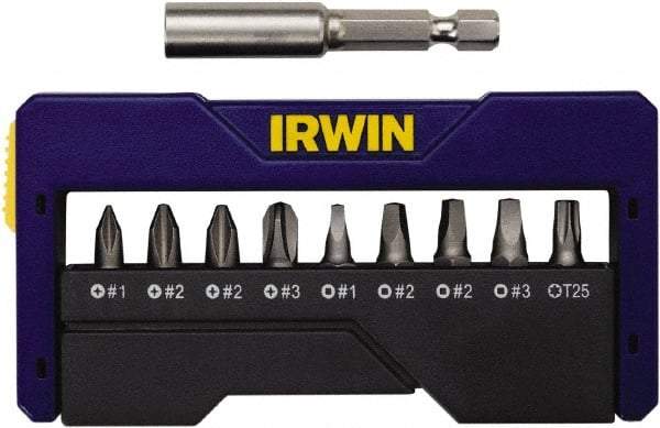 Irwin - 10 Piece, 1/4" Drive Screwdriver Insert Bit Set - #1 to #3 Phillips, 0.05 to 1/4" Hex, 1.27 to 10mm Hex, T25 Torx, #1 to #3 Square Recess - A1 Tooling