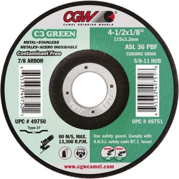 Camel Grinding Wheels - 36 Grit, 4-1/2" Wheel Diam, 1/8" Wheel Thickness, 7/8" Arbor Hole, Type 27 Depressed Center Wheel - Medium Grade, Aluminum Oxide, Resinoid Bond, 13,300 Max RPM - A1 Tooling