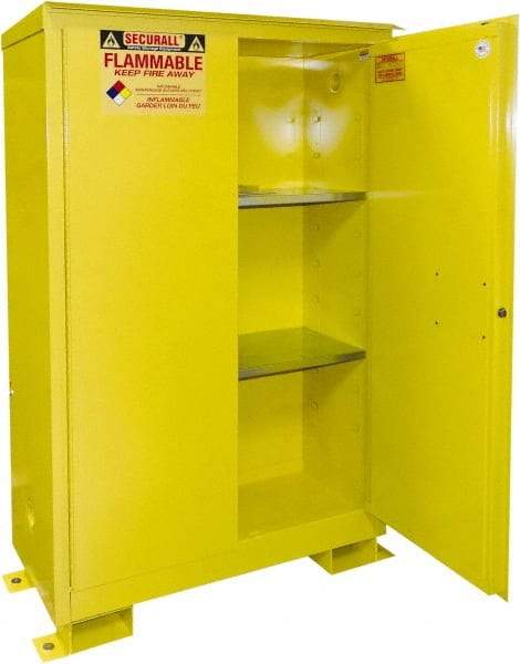 Securall Cabinets - 2 Door, 2 Shelf, Yellow Steel Standard Safety Cabinet for Flammable and Combustible Liquids - 69" High x 43" Wide x 18" Deep, Manual Closing Door, 3 Point Key Lock, 45 Gal Capacity - A1 Tooling