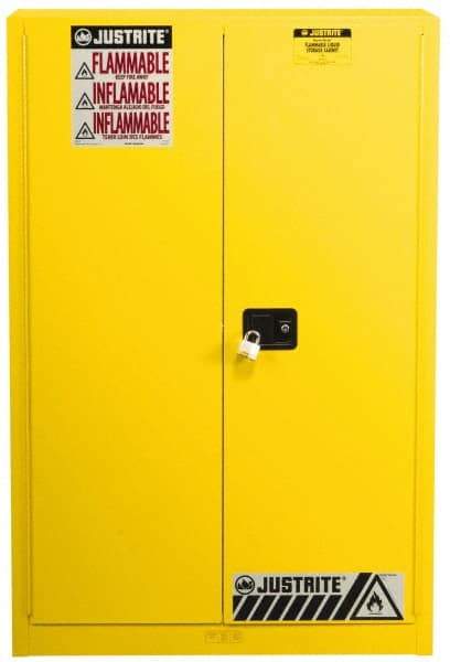 Justrite - 2 Door, 5 Shelf, Yellow Steel Standard Safety Cabinet for Flammable and Combustible Liquids - 65" High x 43" Wide x 18" Deep, Manual Closing Door, 3 Point Key Lock, 60 Gal Capacity - A1 Tooling