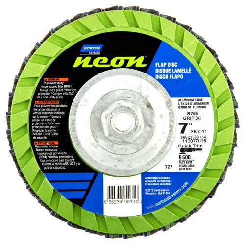 ‎7″ × 1/4″ × 5/8″-11 Neon R766 Flap Disc Type 27 Flat 80 Grit - A1 Tooling