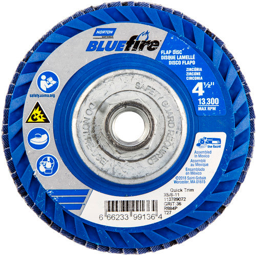 ‎4-1/2 × 5/8 - 11″ BlueFire Plastic Flat Flap Disc Type 27 P36 Grit R884P Zirconia Alumina - A1 Tooling