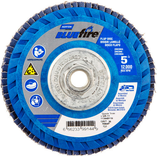 ‎5 × 5/8 - 11″ BlueFire Plastic Flat Flap Disc Type 27 P36 Grit R884P Zirconia Alumina - A1 Tooling