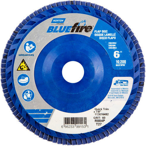 6 × 7/8″ BlueFire Plastic Flat Flap Disc Type 27 P60 Grit R884P Zirconia Alumina - A1 Tooling