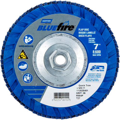 ‎7 × 5/8 - 11″ BlueFire Plastic Flat Flap Disc Type 27 P36 Grit R884P Zirconia Alumina - A1 Tooling