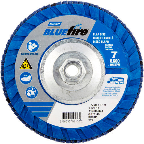 ‎7 × 5/8 - 11″ BlueFire Plastic Flat Flap Disc Type 27 P40 Grit R884P Zirconia Alumina - A1 Tooling