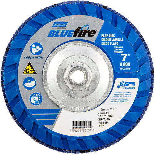 ‎7 × 5/8 - 11″ BlueFire Plastic Flat Flap Disc Type 27 P60 Grit R884P Zirconia Alumina - A1 Tooling