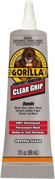 Gorilla Glue - 3 oz Tube Clear Contact Adhesive - 1 to 5 min Working Time, 24 hr Full Cure Time, Bonds to Masonry, Ceramic, Concrete, Fabric, Glass, Leather, Metal, Paper, Rubber, Velcro & Wood - A1 Tooling