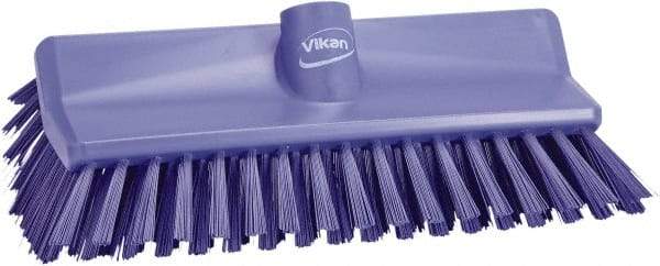 Vikan - 1-1/2" Bristle Length, Polyester Scrub Brush - 10" Long x 5-1/2" Wide Head, 10-25/64" OAL, European Threaded Handle, Purple, Polypropylene Block - A1 Tooling