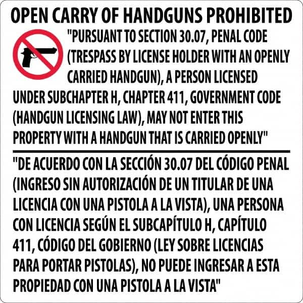 NMC - "Open Carry of Handguns Prohibited", 24" Long x 24" Wide, Rigid Plastic Safety Sign - Square, 0.05" Thick, Use for Accident Prevention - A1 Tooling