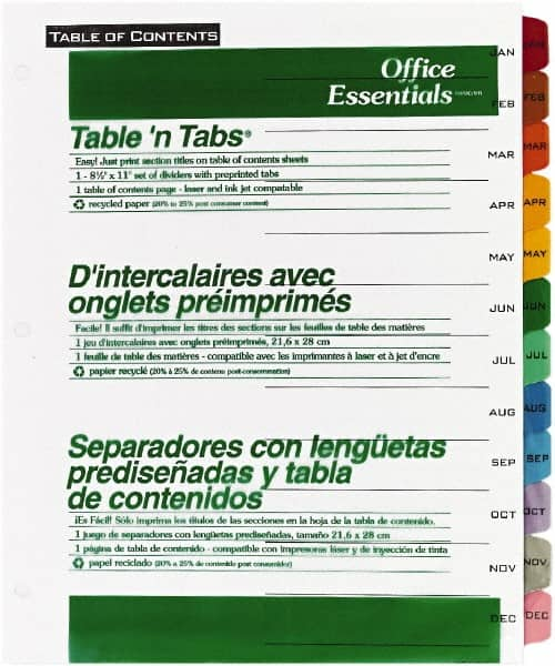 Office Essentials - 11 x 8 1/2" Jan to Dec Label, 12 Tabs, 3-Hole Punched, Preprinted Tab Dividers - Multicolor Tabs, White Folder - A1 Tooling